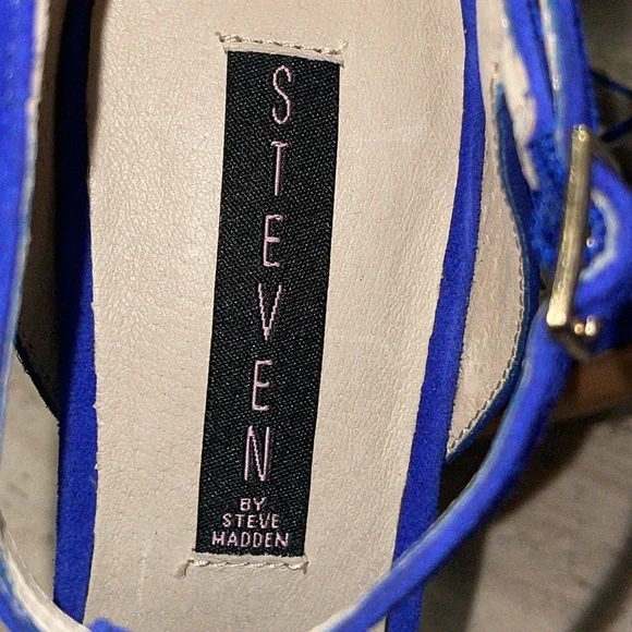 STEVEN Steve Madden ASTRRO Blue Gold Studded Leather Suede Stiletto heel Sz 8.5 - Picture 6 of 17